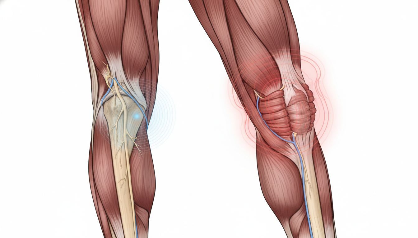 Ilustração anatômica mostrando contração muscular durante câimbra