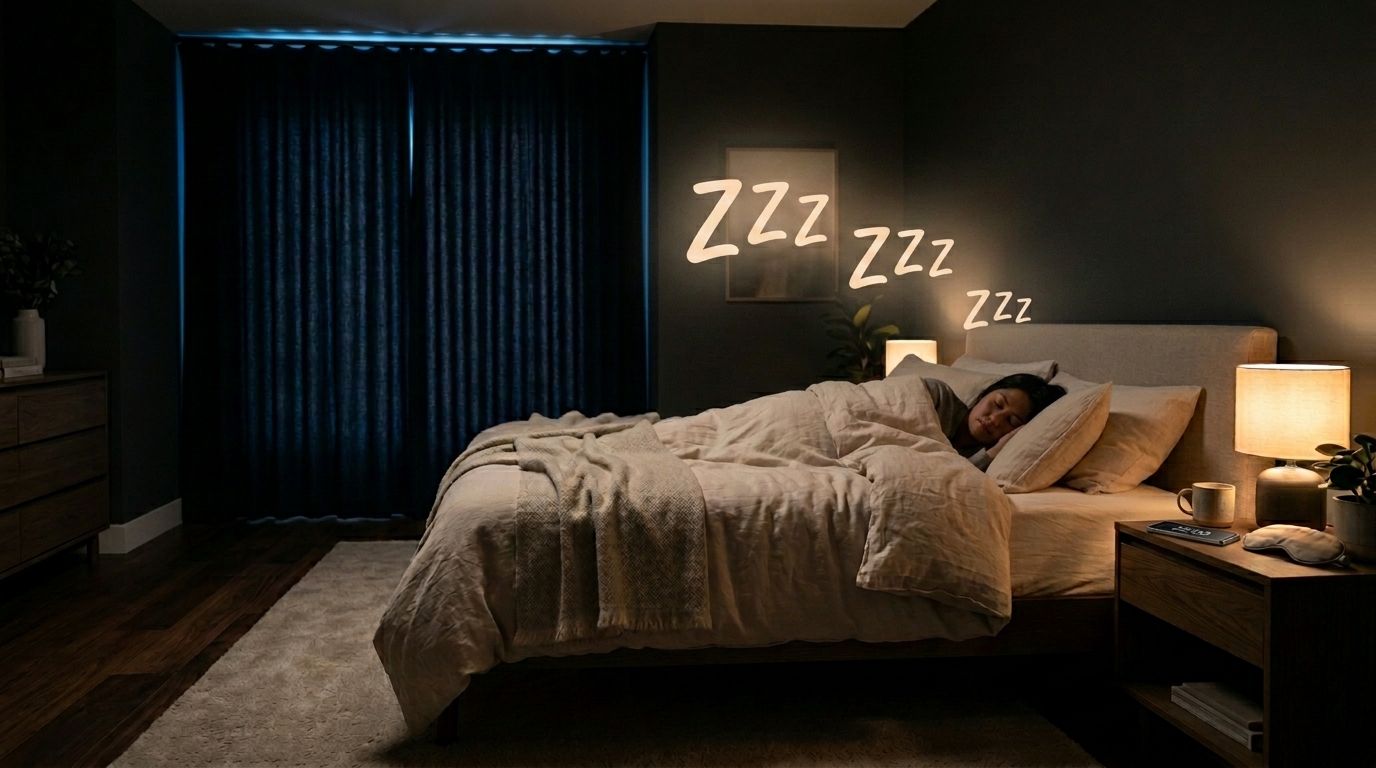 Quarto escuro e aconchegante favorecendo uma boa noite de sono